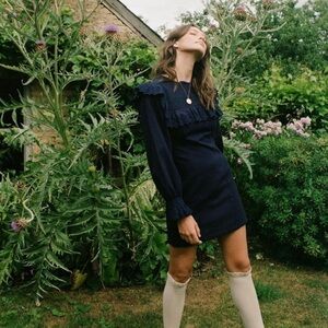 Doen Navy Ruffle Yoke Long-Sleeve Mini Dress